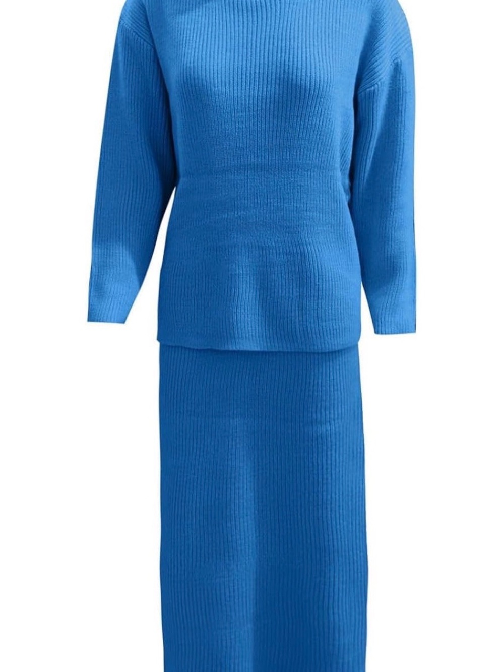 bright blue Ribbed Knit Skirt set high-waisted midi skirt & turtleneck sweater - Picture 7 of 8